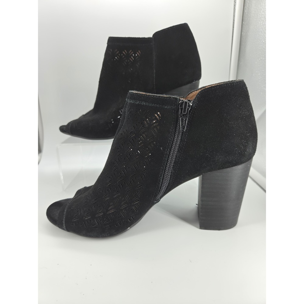 Antonio Melani Black Suede Laser Cut Open Toe Block Heel Booties Womens 8 Office